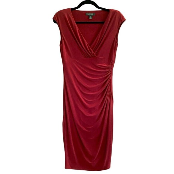 Lauren Ralph Lauren Sleeveless Faux Wrap Ruched Chili Pepper Red Dress Size 8 - Picture 5 of 7